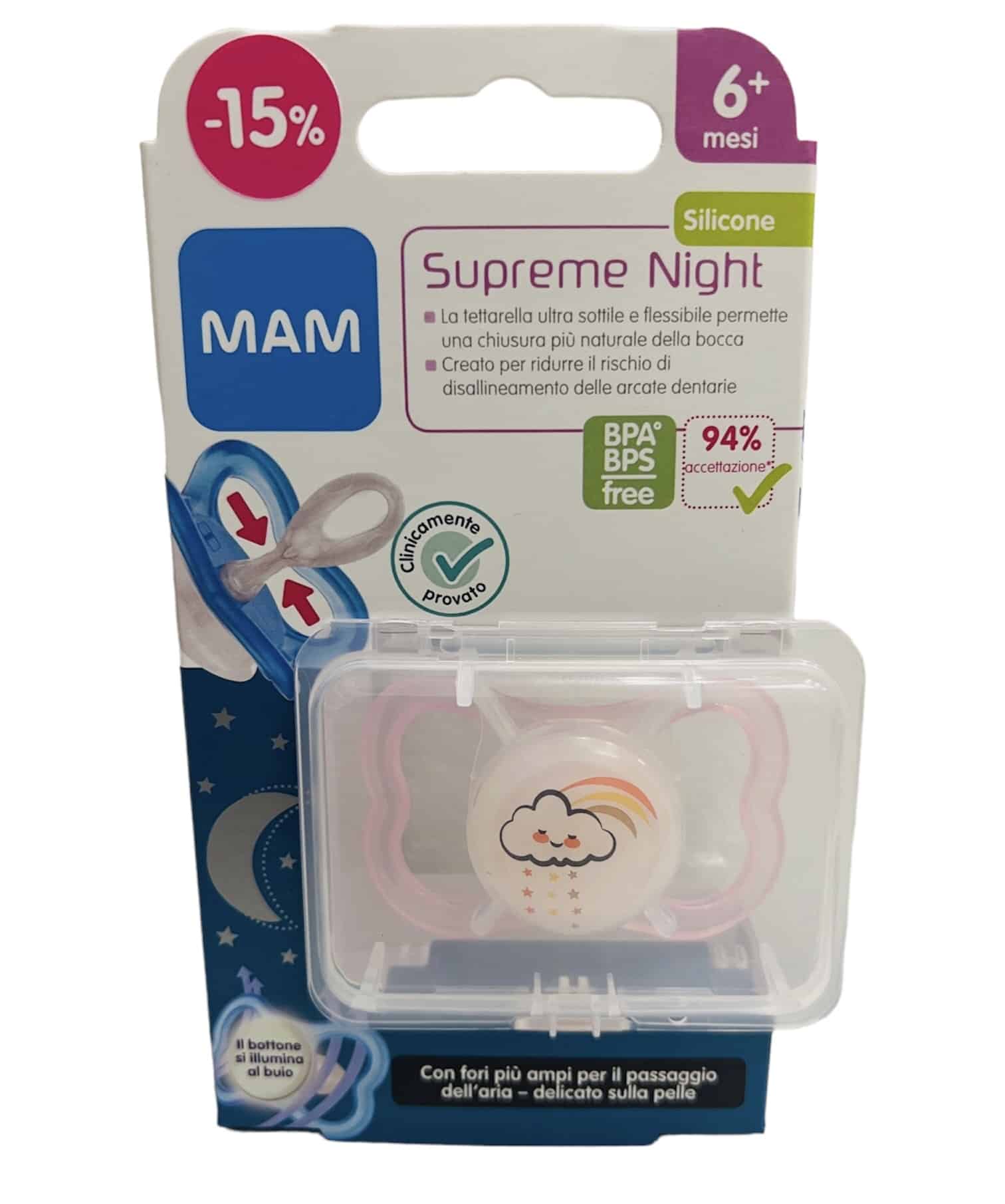 MAM Supreme Night Schnuller aus Silikon, mit Schnullerhalter, 6 Monate, Rosa