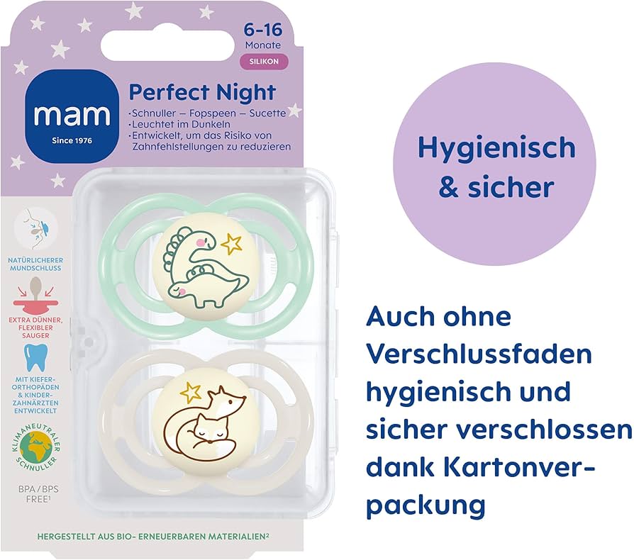 MAM Perfectnight Pacifier Set 6+ Months (2-Pack), Glows in the Dark, Light Blue
