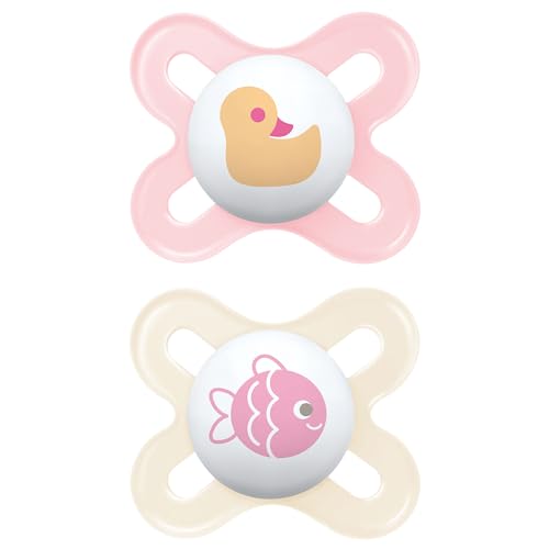MAM MAM Schnuller aus Naturkautschuk, für Neugeborene, 0-2 Monate, mit symmetrischem Sauger, flach und flexibel, mit selbststerilisierender Box, Original, Rosa, 2 Stück