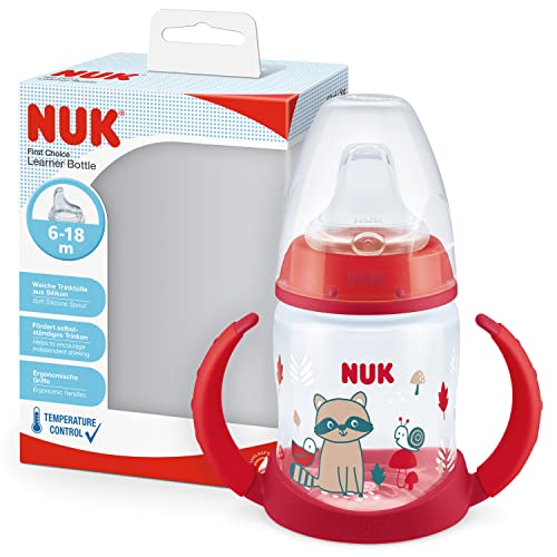 NUK First Choice+ 150 ml Training Cup with Temperature Control, Raccoon Red
