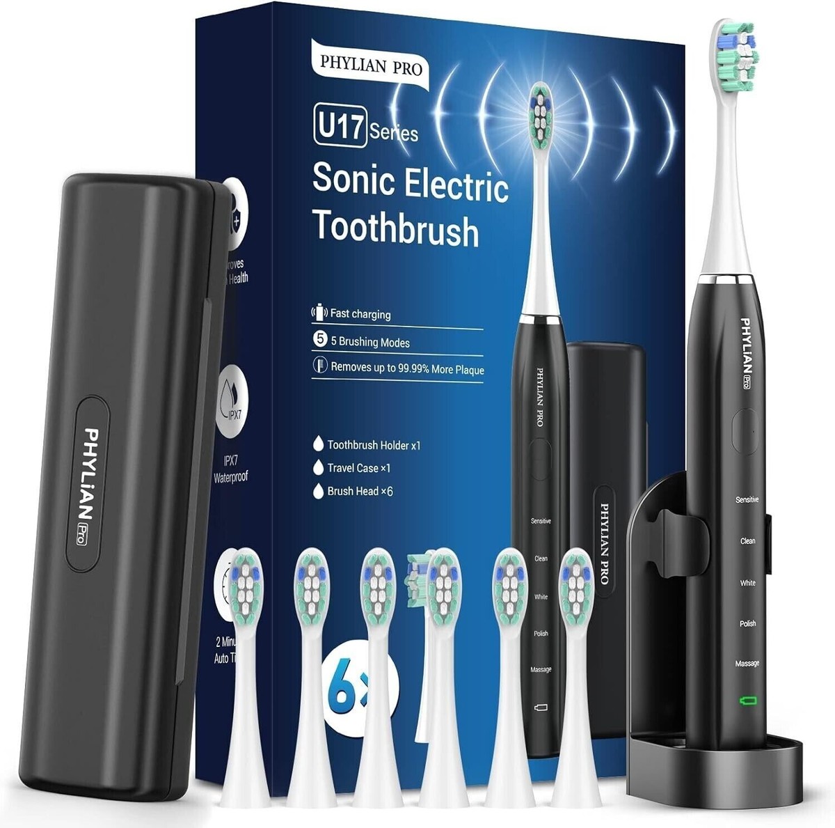 PHYLIAN PRO Furçë Elektrike Sonike e Zezë me 6 Koka